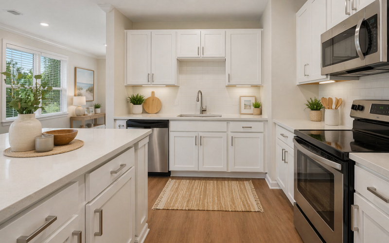 Kitchen with white cabinets, stainless steel appliances, and island at Atlantic at Parkridge apartments for rent in Irmo.